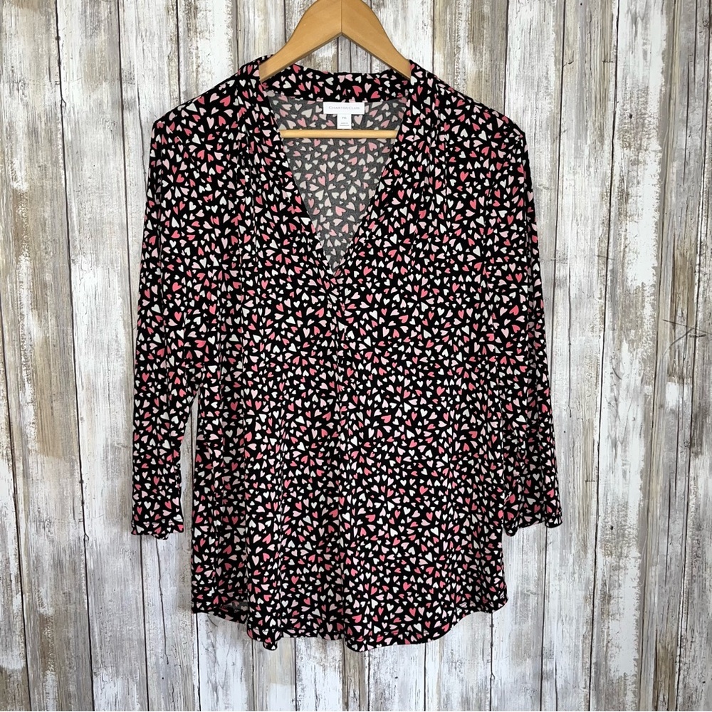Charter Club Heart Print Blouse XLP Plus Size Black Pink V Neck 3/4 Sleeve Top - Picture 2 of 6